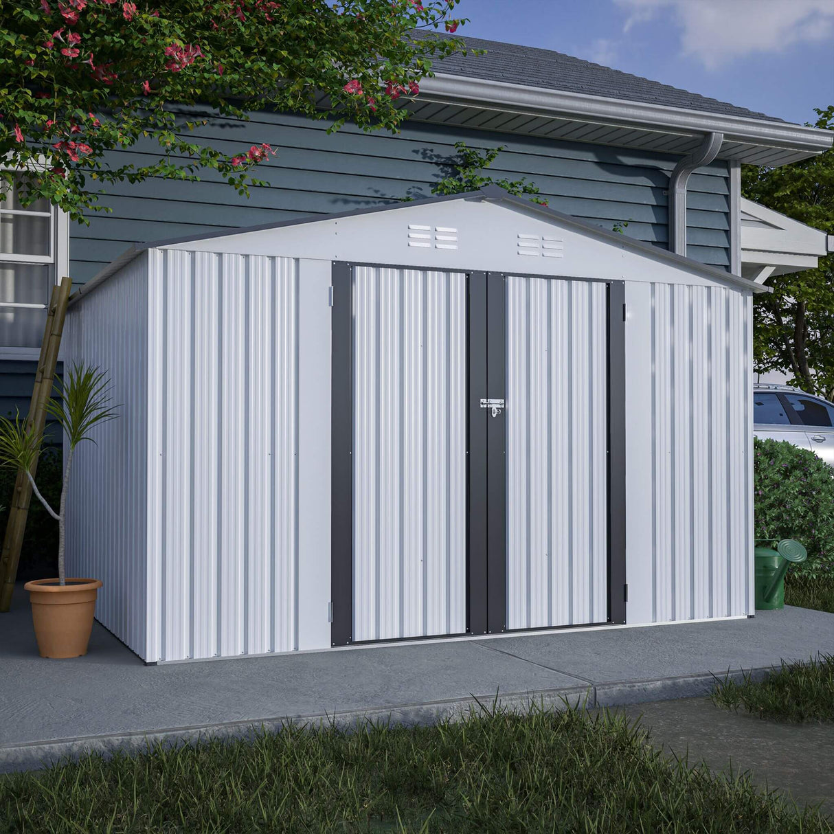 [08X10FT] Alora Heavy-Duty Outdoor All-Weather Metal Garden Tool Shed (SAK28501)