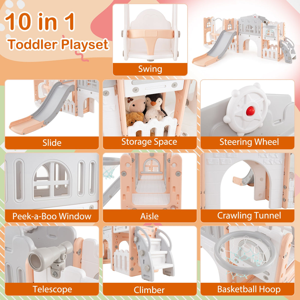 10-in-1 Toddler Swing and Slide Set Climber Playset with Basketball Hoop