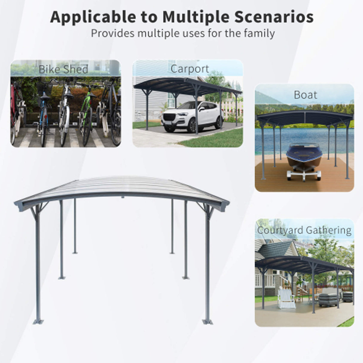 [10X19FT] Alora Heavy-Duty Outdoor Aluminum Arch Carport With Polycarbonate Panels (SAK86109)