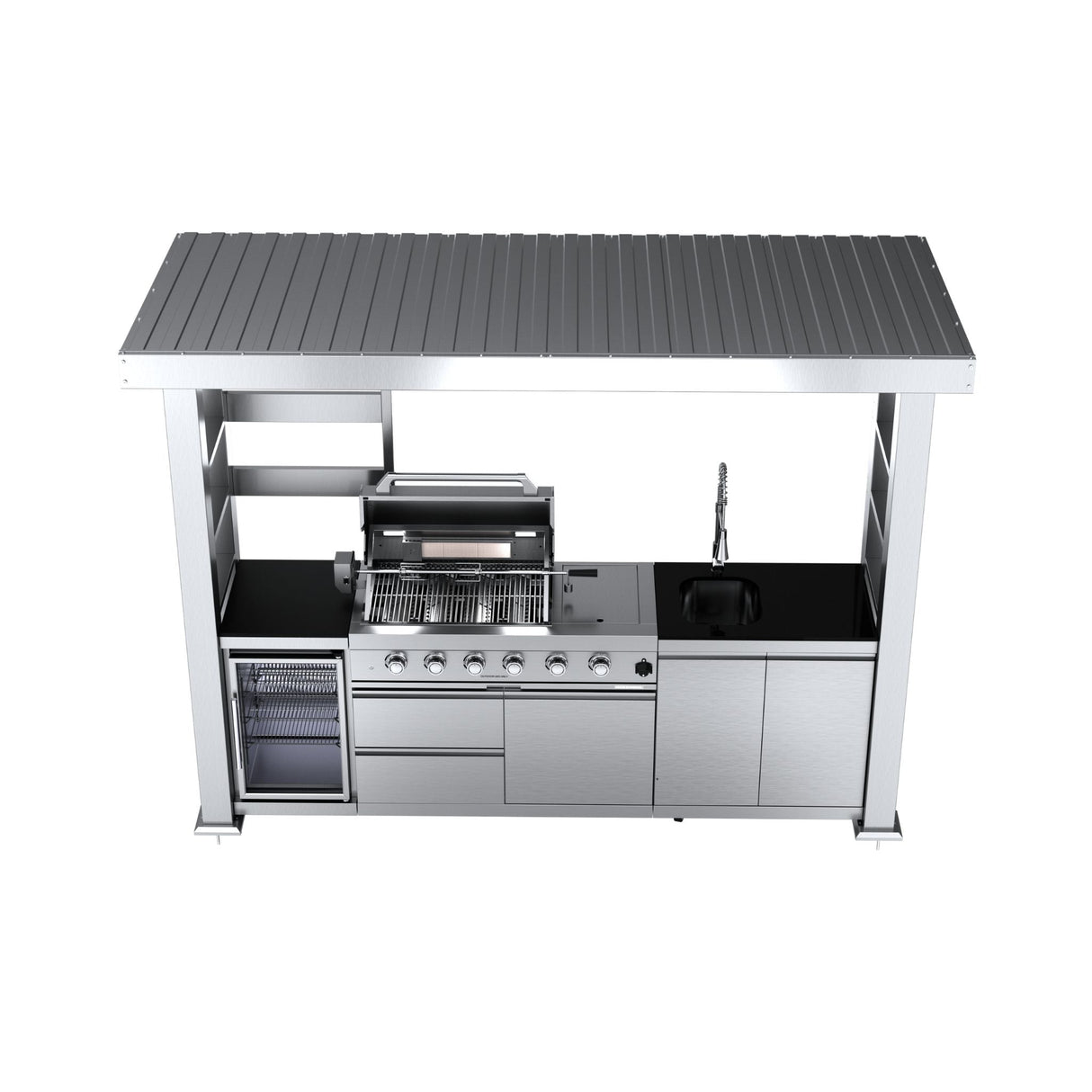 Castelle Flame Imperial 110-Inch 4-Burner 72K BTU Deluxe Stainless Steel Outdoor Kitchen Grill Island With Wine Cooler, Rotisserie, Cabinets, And Granite Countertops (SAK94721)