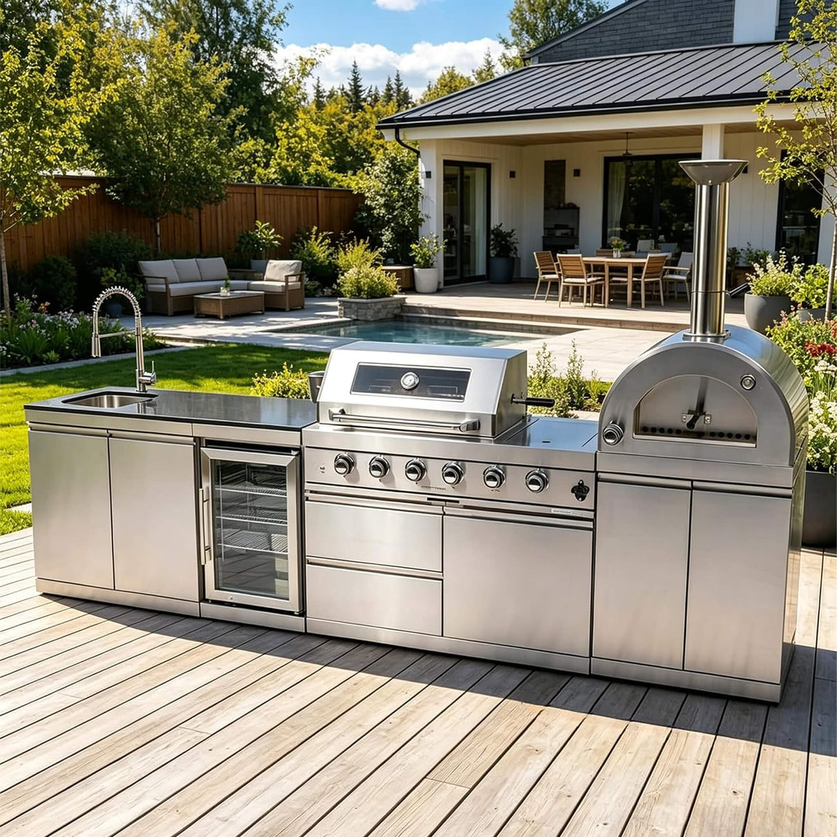 Blazon 125-Inch 4-Burner 108K BTU Outdoor Kitchen Island With Pizza Oven, Rotisserie & Refrigerator