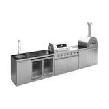Blazon 150-Inch 4-Burner 108K BTU Outdoor Kitchen Island With Pizza Oven, Rotisserie & Refrigerator