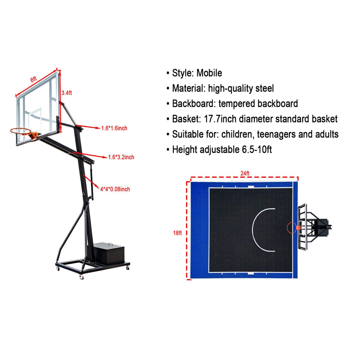 [18X24FT] Heavy-Duty Portable Adjustable Basketball Hoop With Court