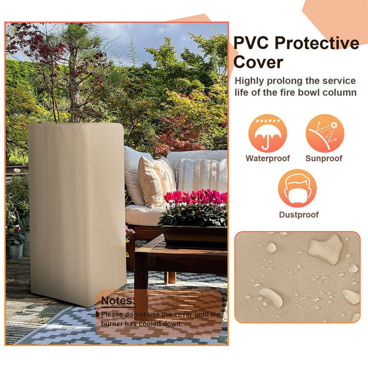 48-Inch Large Outdoor Propane Fire Bowl Column With Cover & Lava Rocks