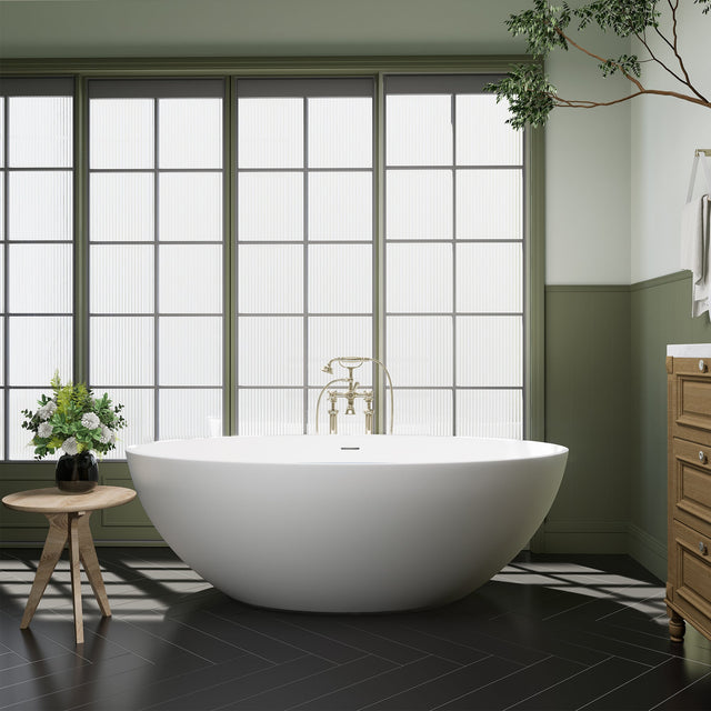 Cacciar 67" x 39" Solid Surface Soaking Bathtub in Matte White with Matte White Drain and Integrated Overflow