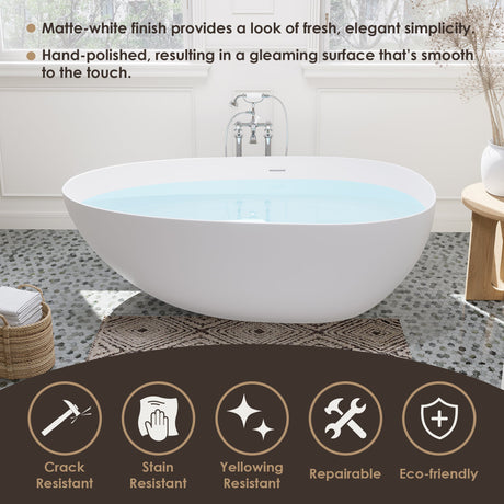 Giotto Solid Surface Soaking Bathtub in Matte White with Matte White Drain and Integrated Overflow