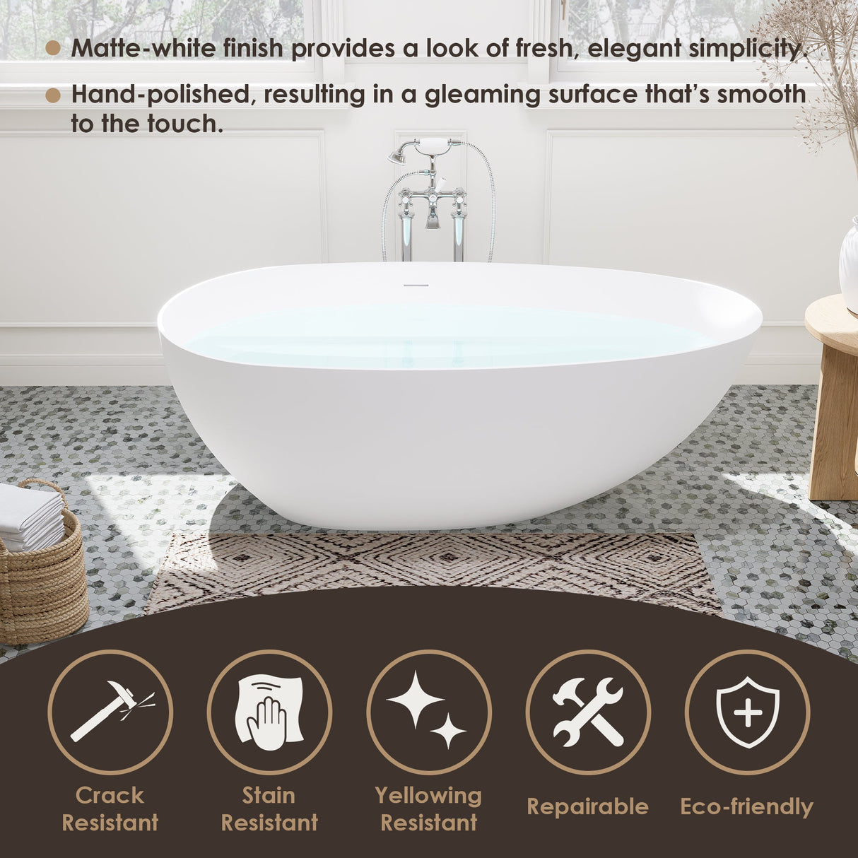 Giotto Solid Surface Soaking Bathtub in Matte White with Matte White Drain and Integrated Overflow