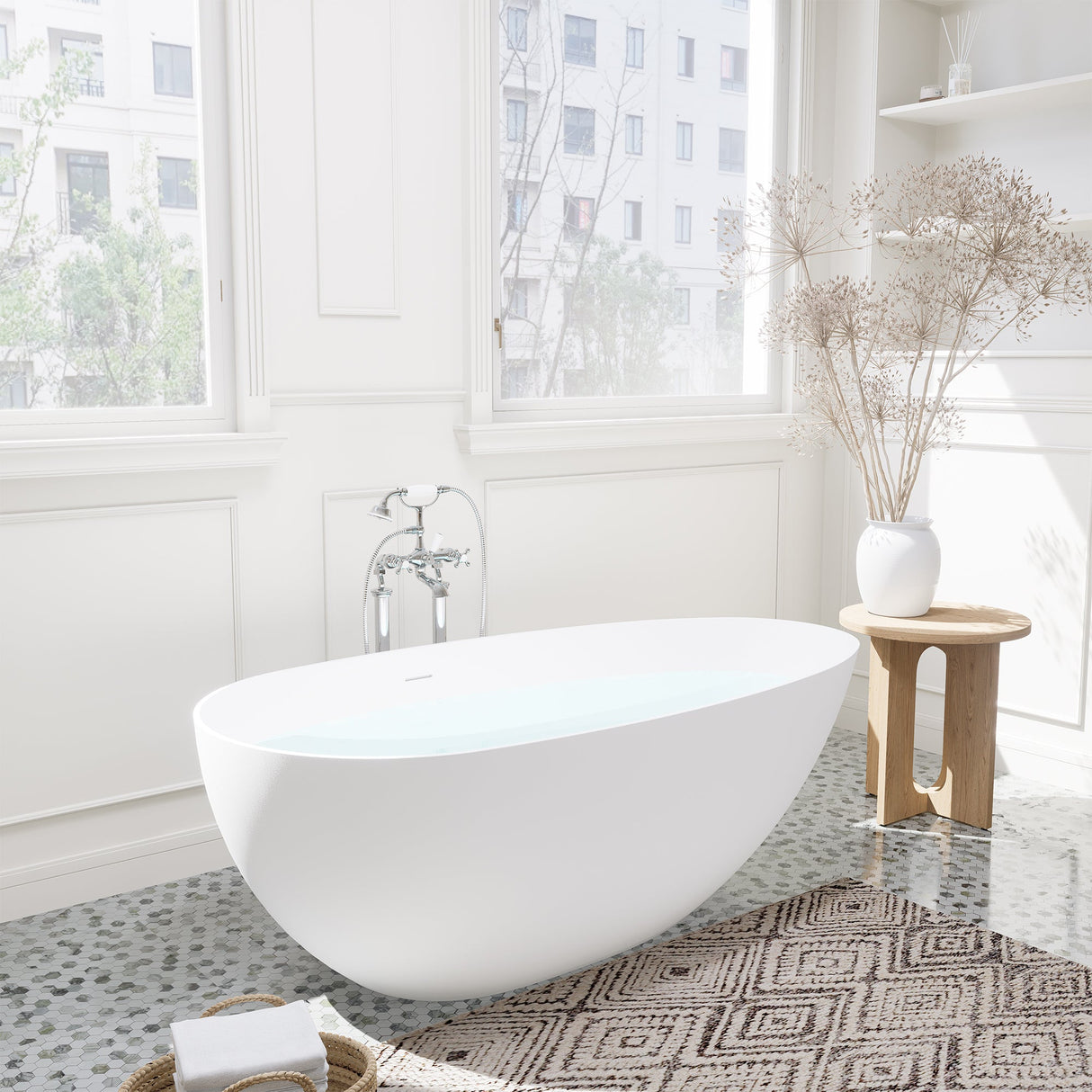 Giotto Solid Surface Soaking Bathtub in Matte White with Matte White Drain and Integrated Overflow