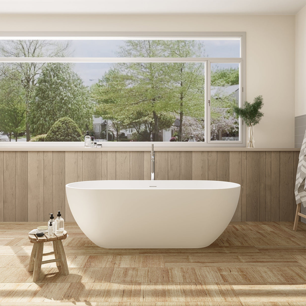 Ryder Solid Surface Soaking Bathtub in Matte White with Matte White Drain and Integrated Overflow