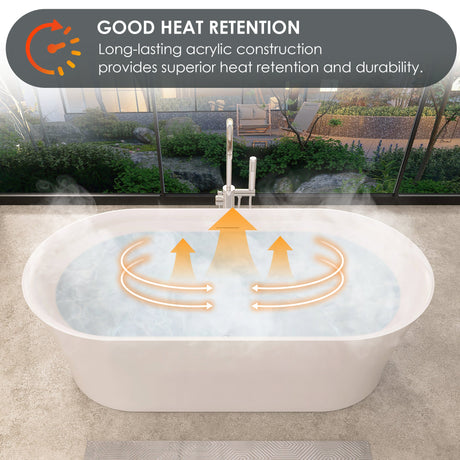 Clarity&main 67" x 32" Flatbottom Freestanding Acrylic Soaking Bathtub in Glossy White with Drain and Integrated Overflow