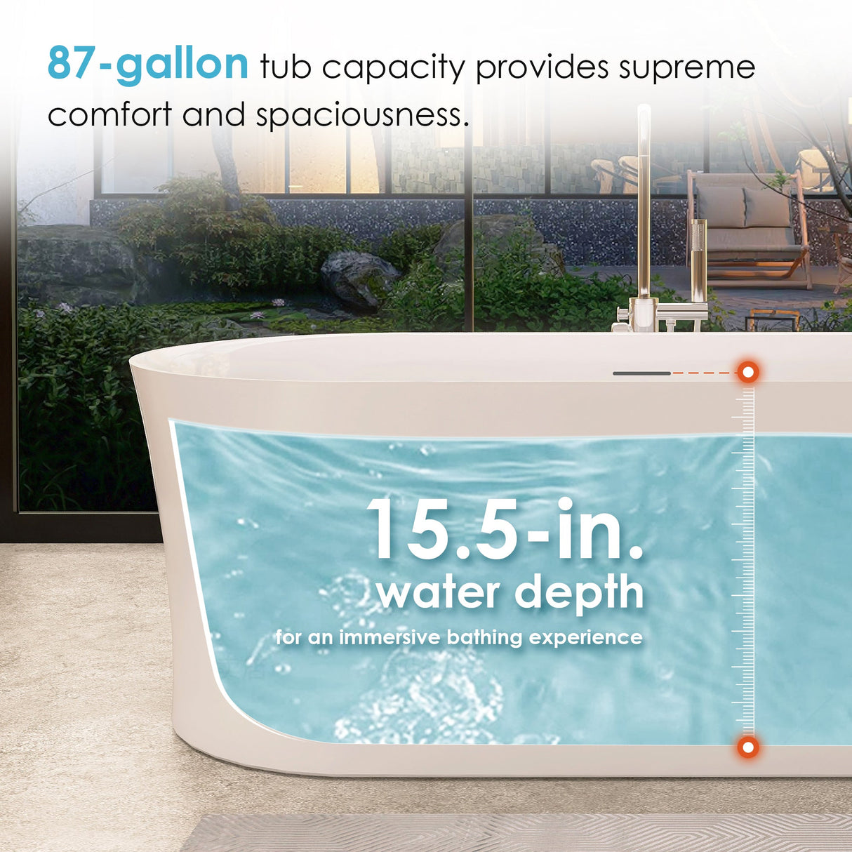 Clarity&main 67" x 32" Flatbottom Freestanding Acrylic Soaking Bathtub in Glossy White with Drain and Integrated Overflow