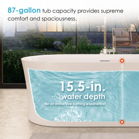 Clarity&main 67" x 32" Flatbottom Freestanding Acrylic Soaking Bathtub in Glossy White with Drain and Integrated Overflow