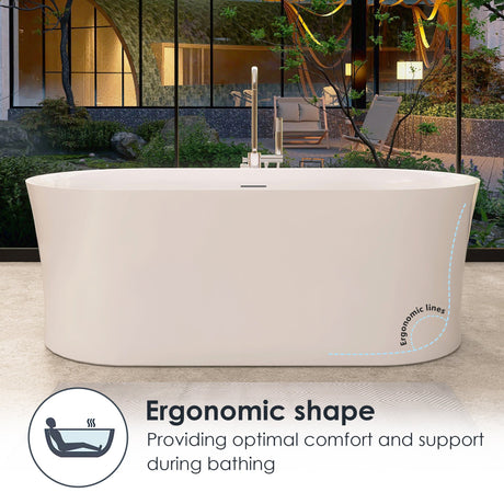 Clarity&main 67" x 32" Flatbottom Freestanding Acrylic Soaking Bathtub in Glossy White with Drain and Integrated Overflow