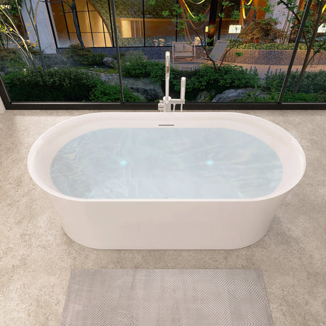 Clarity&main 67" x 32" Flatbottom Freestanding Acrylic Soaking Bathtub in Glossy White with Drain and Integrated Overflow