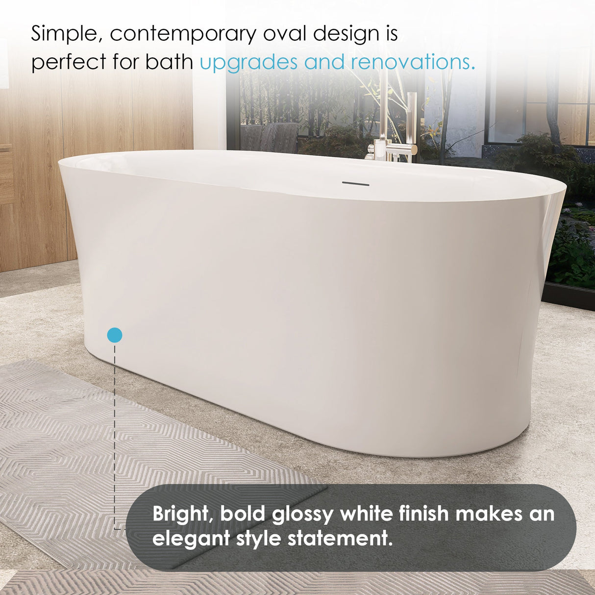 Clarity&main 67" x 32" Flatbottom Freestanding Acrylic Soaking Bathtub in Glossy White with Drain and Integrated Overflow