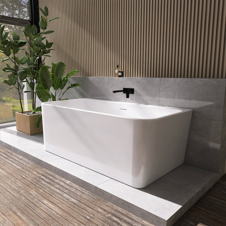Lilac 67" x 32" Flatbottom Freestanding Acrylic Soaking Bathtub in Glossy White with Drain and Integrated Overflow