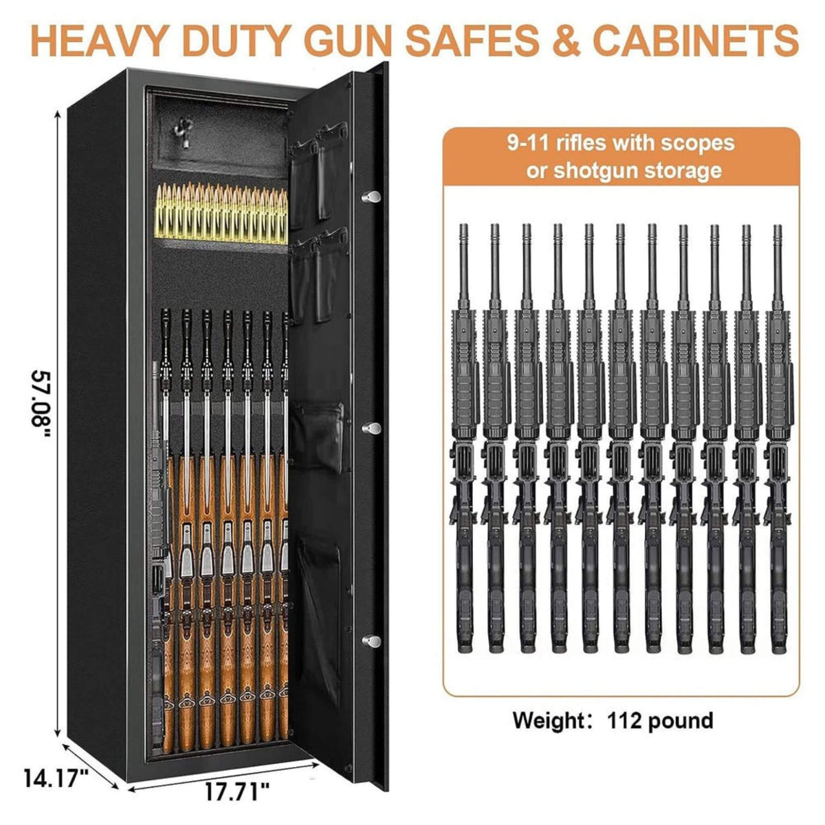 Heavy-Duty 57-Inch Anti-Theft Fireproof Biometric Gun Rifle Pistol Safe For Home, 11-12 Guns