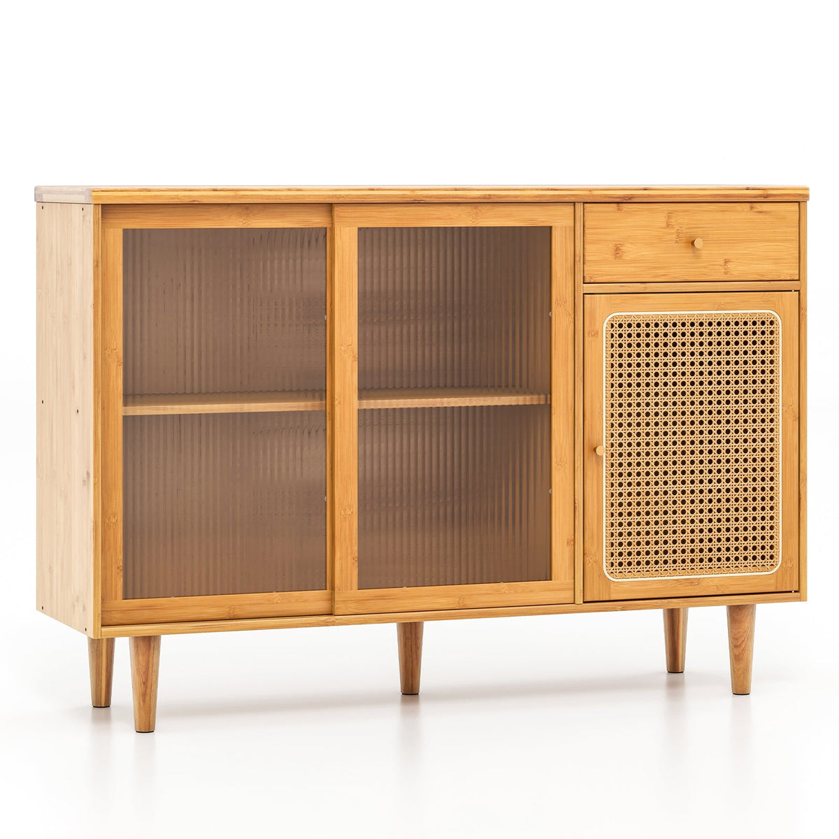 5-in-1 Complete Dining Room Set: Extendable Table 4 Chairs Electric Fireplace Media Console & Bamboo Sideboard