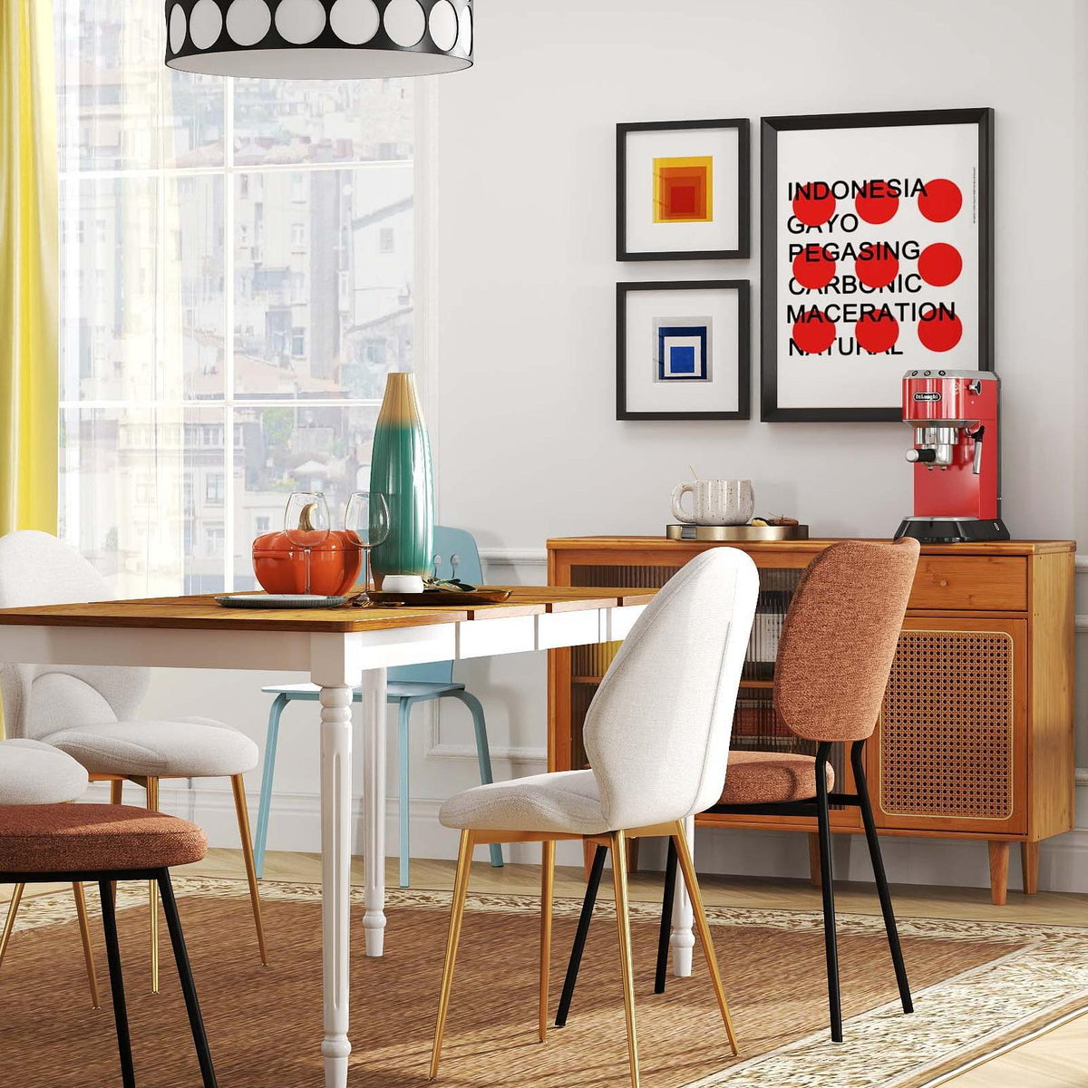 5-in-1 Complete Dining Room Set: Extendable Table 4 Chairs Electric Fireplace Media Console & Bamboo Sideboard