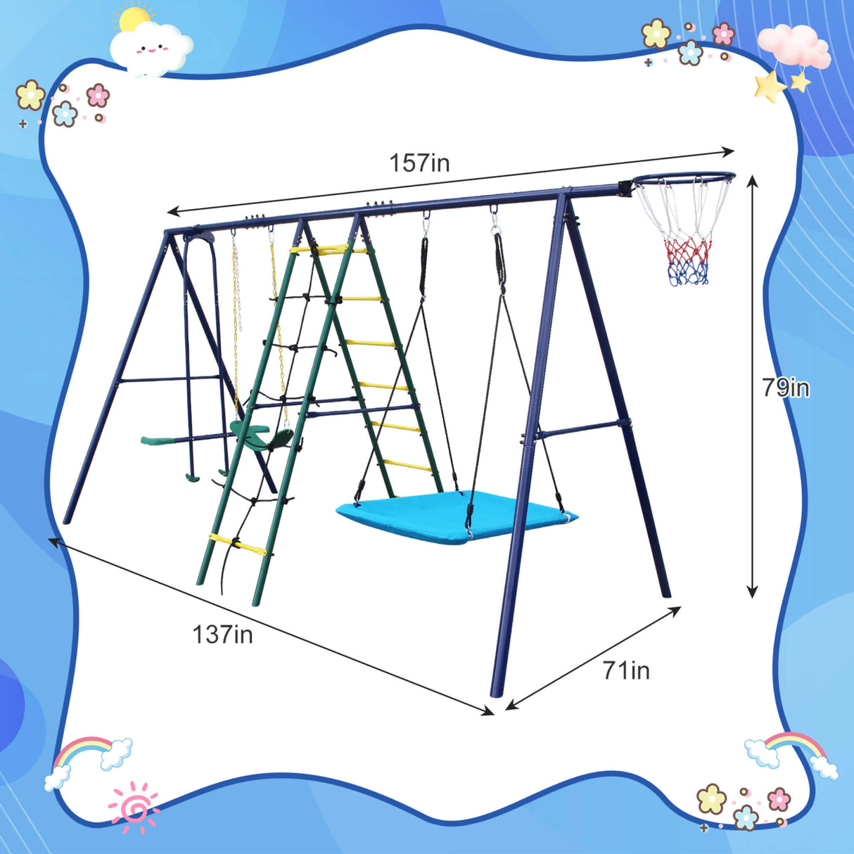 6-In-1 Outdoor Swing Set With Climbing Ladder Net And Basketball Hoop