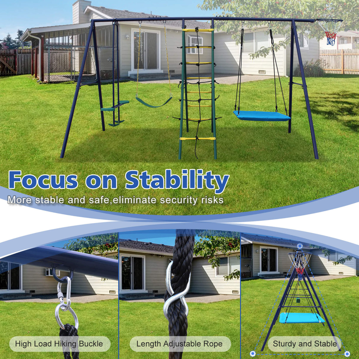 6-In-1 Outdoor Swing Set With Climbing Ladder Net And Basketball Hoop