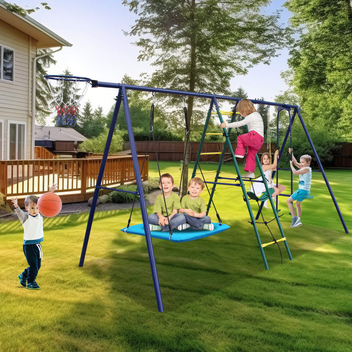 6-In-1 Outdoor Swing Set With Climbing Ladder Net And Basketball Hoop