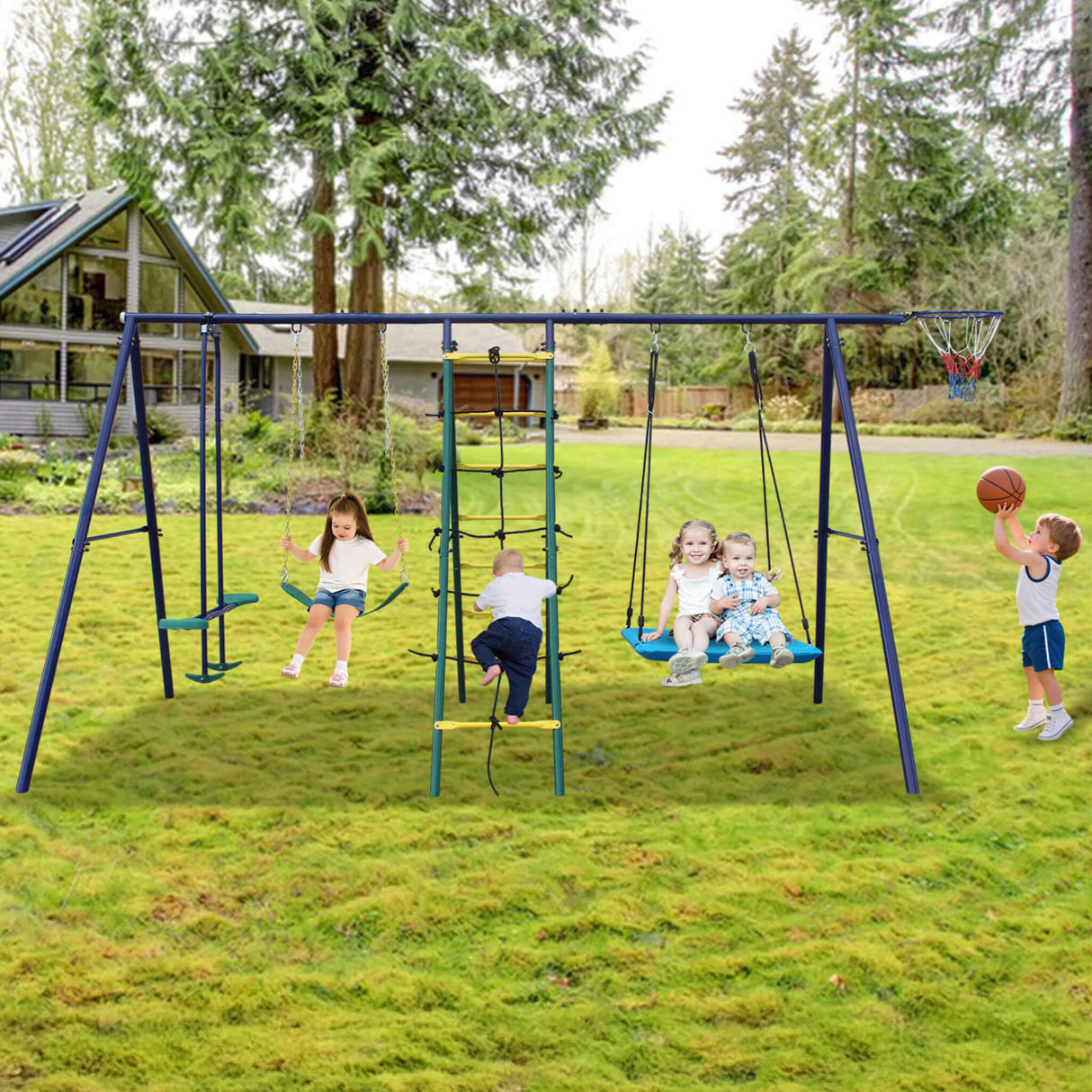 6-In-1 Outdoor Swing Set With Climbing Ladder Net And Basketball Hoop