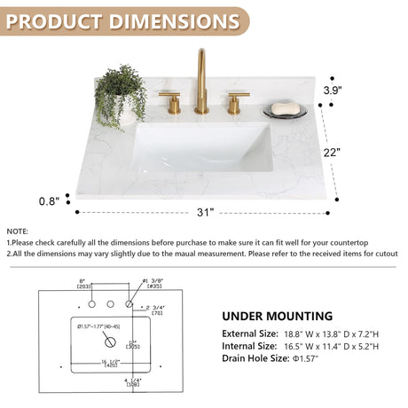 Ceres in Engineered Stone Vanity Top in Grain White with Single White Sink