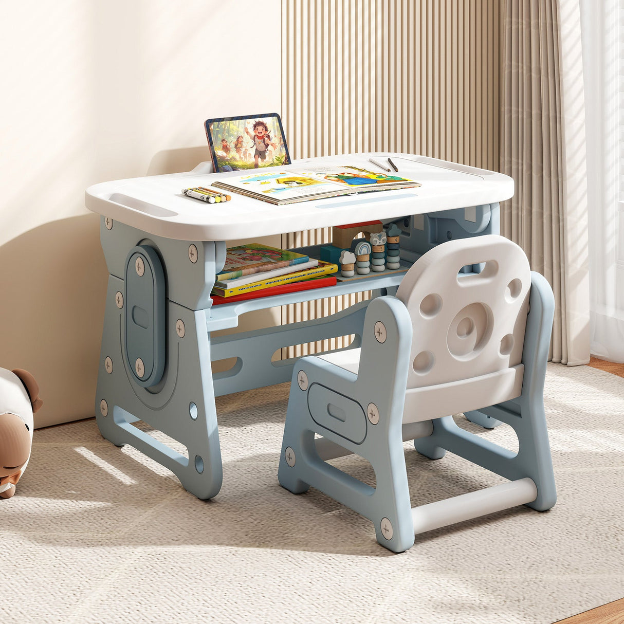 Height Adjustable Kids Table and Chair Set with Tiltable Whiteboard and Concave Shelf