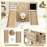 8-in-1 Toddler Slide Wooden Indoor Playground with Climber and Chalkboard-Natural