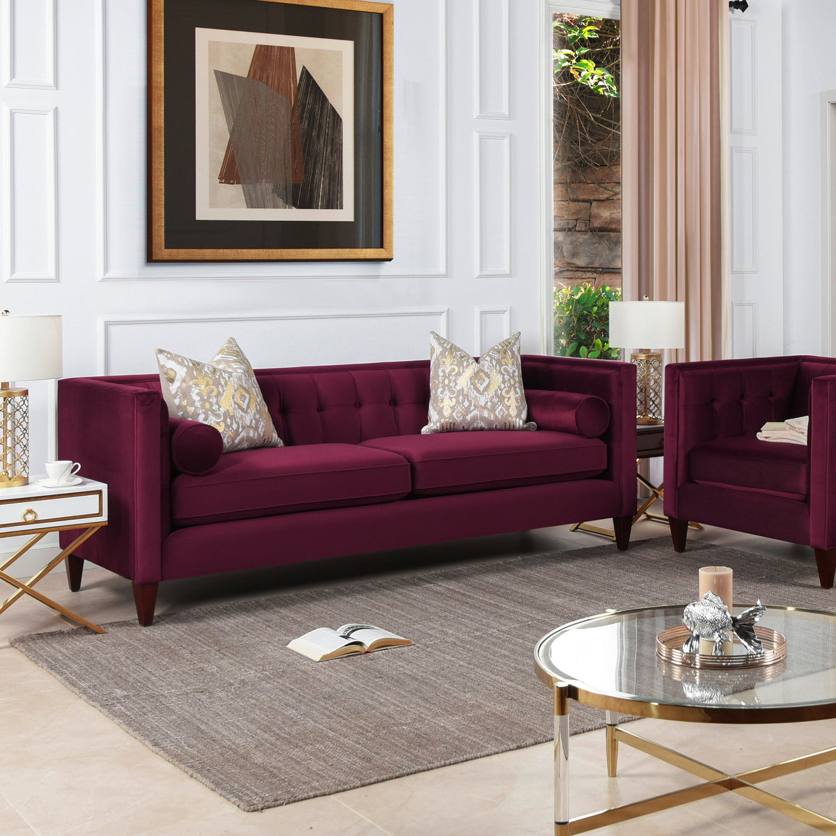 Jack 84" Modern Tuxedo Tufted Sofa, Burgundy Velvet