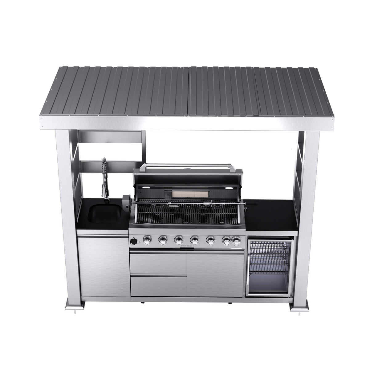 Castelle Flame Astoria 94-Inch 6-Burner 85K BTU Outdoor Kitchen Grill Island With Wine Cooler, Rotisserie, Cabinets, And Granite Countertops (SAK68014)