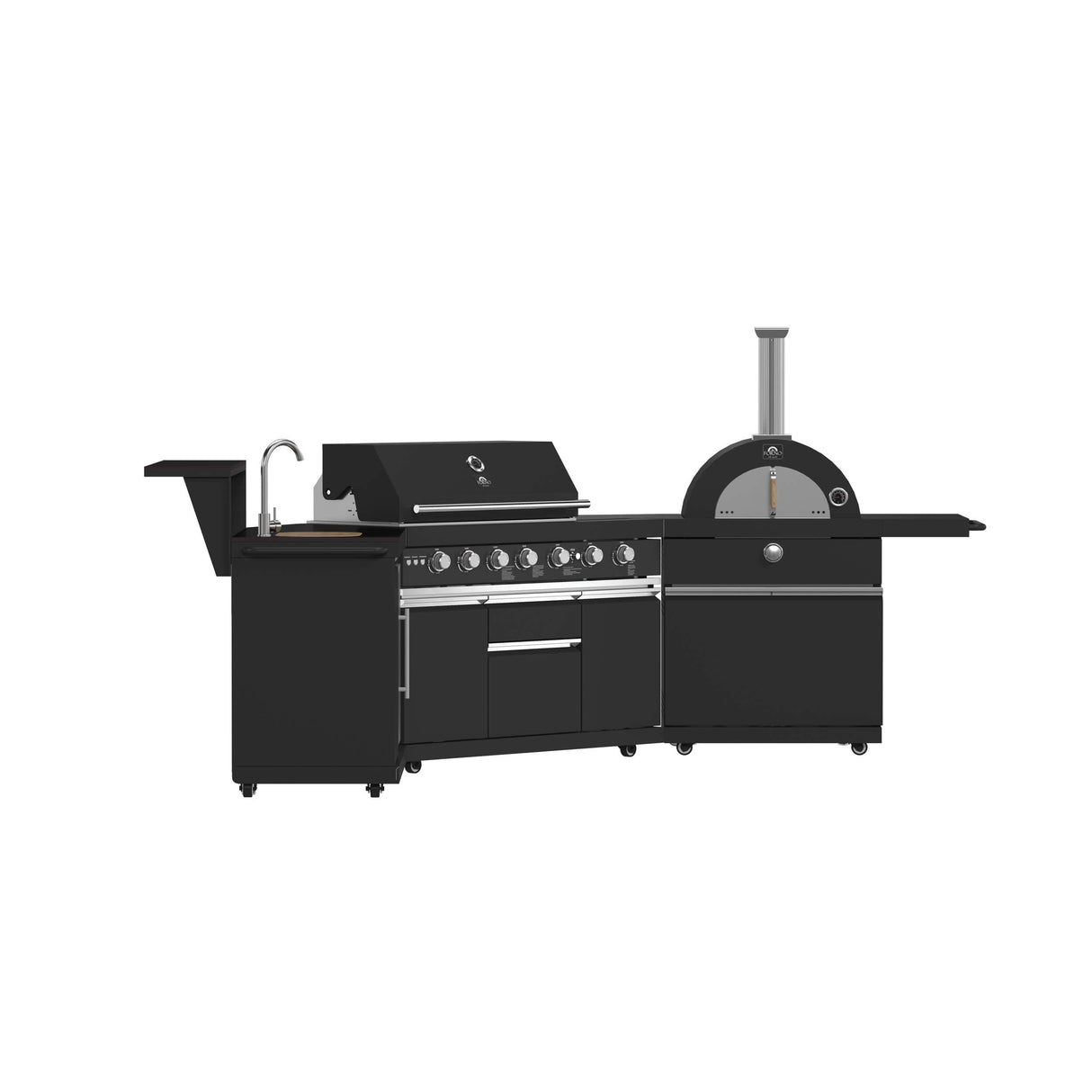 FORNO All’Aperto 87,600 BTU BBQ with 4 Stainless-Steel Burners with Infrared Burners & Side Burner, Sink Module with Black Sintered Stone Countertops, Gaz Pizza Oven, Bar & Beverage Center