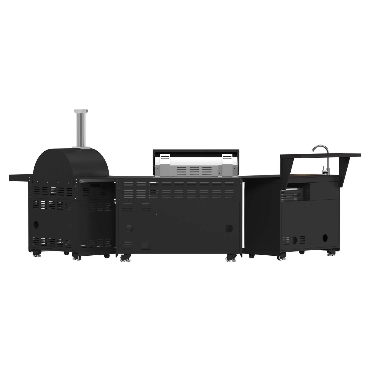 FORNO All’Aperto 87,600 BTU BBQ with 4 Stainless-Steel Burners with Infrared Burners & Side Burner, Sink Module with Black Sintered Stone Countertops, Gaz Pizza Oven, Bar & Beverage Center