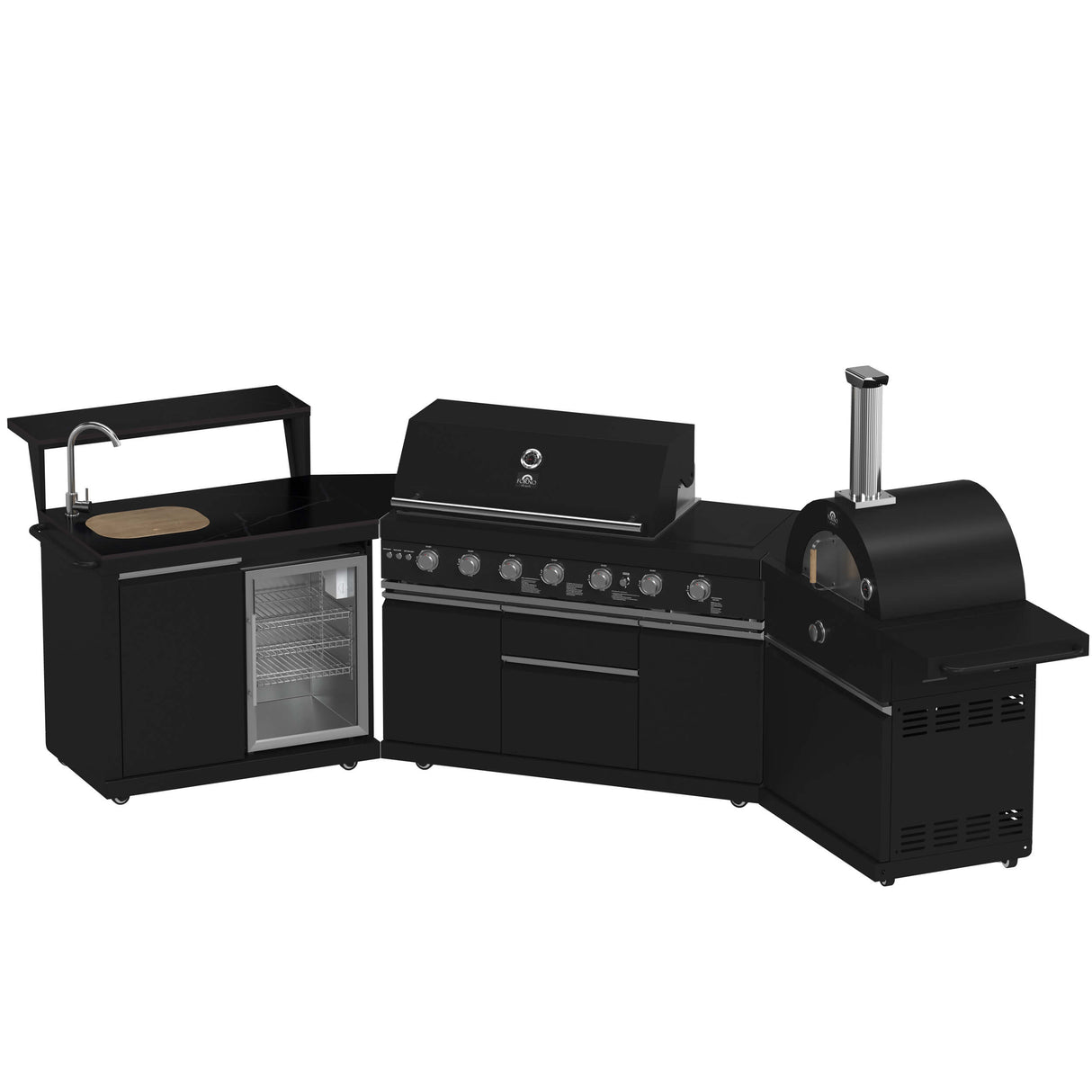 FORNO All’Aperto 87,600 BTU BBQ with 4 Stainless-Steel Burners with Infrared Burners & Side Burner, Sink Module with Black Sintered Stone Countertops, Gaz Pizza Oven, Bar & Beverage Center