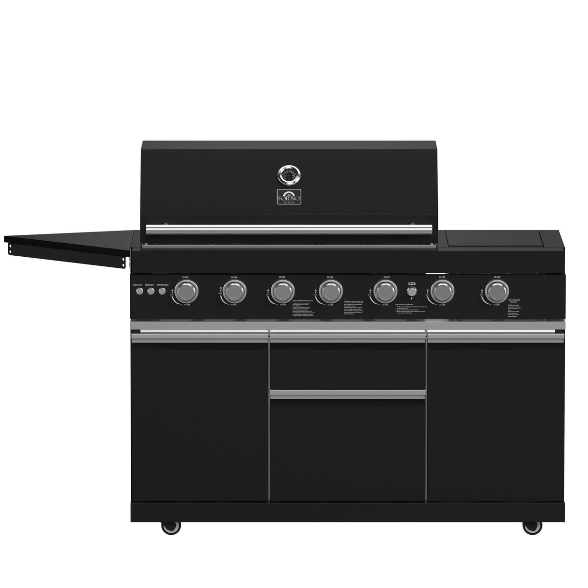 FORNO All’Aperto 87,600 BTU BBQ with 4 Stainless-Steel Burners with Infrared Burners & Side Burner, Sink Module with Black Sintered Stone Countertops, Gaz Pizza Oven, Bar & Beverage Center