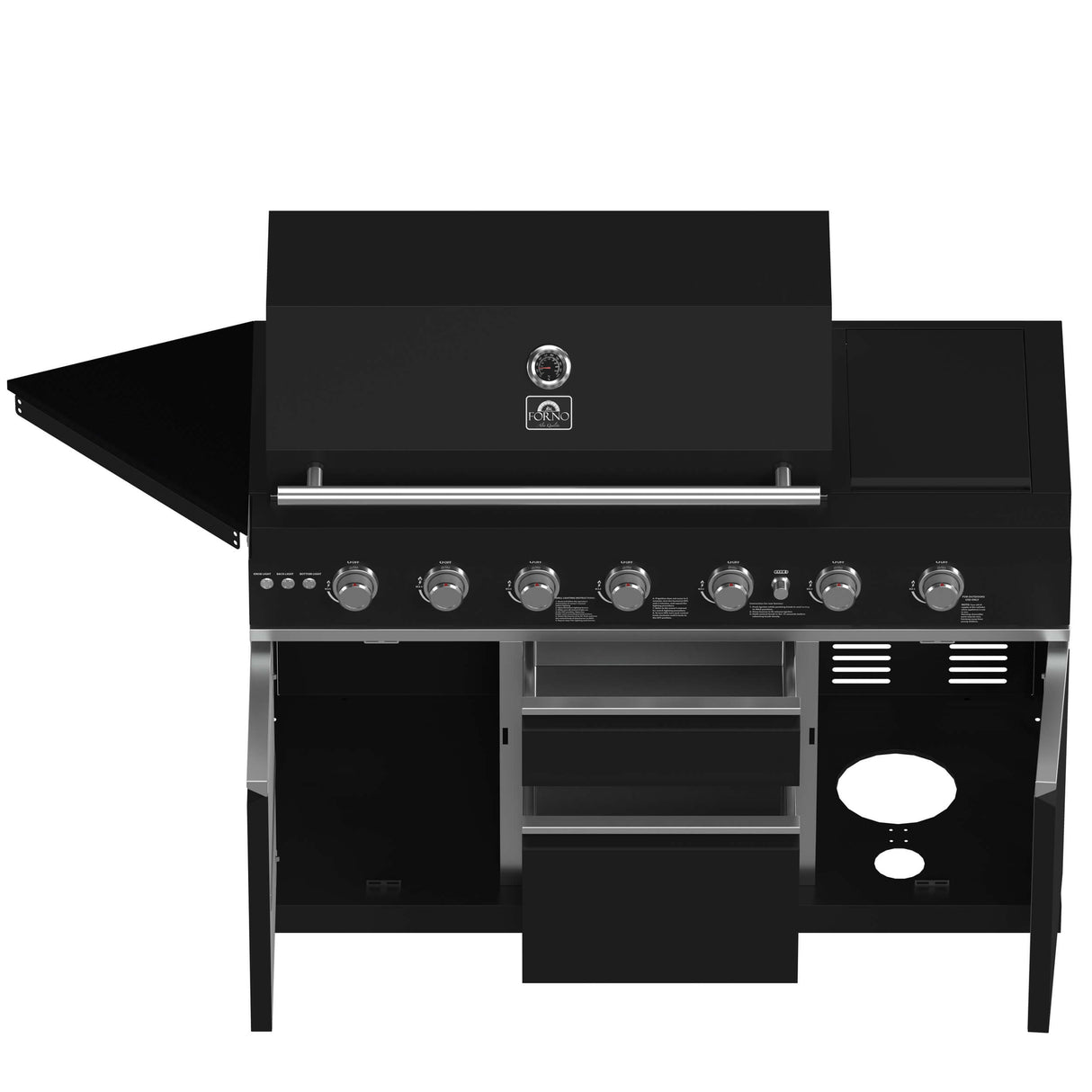 FORNO All’Aperto 87,600 BTU BBQ with 4 Stainless-Steel Burners with Infrared Burners & Side Burner, Sink Module with Black Sintered Stone Countertops, Gaz Pizza Oven, Bar & Beverage Center