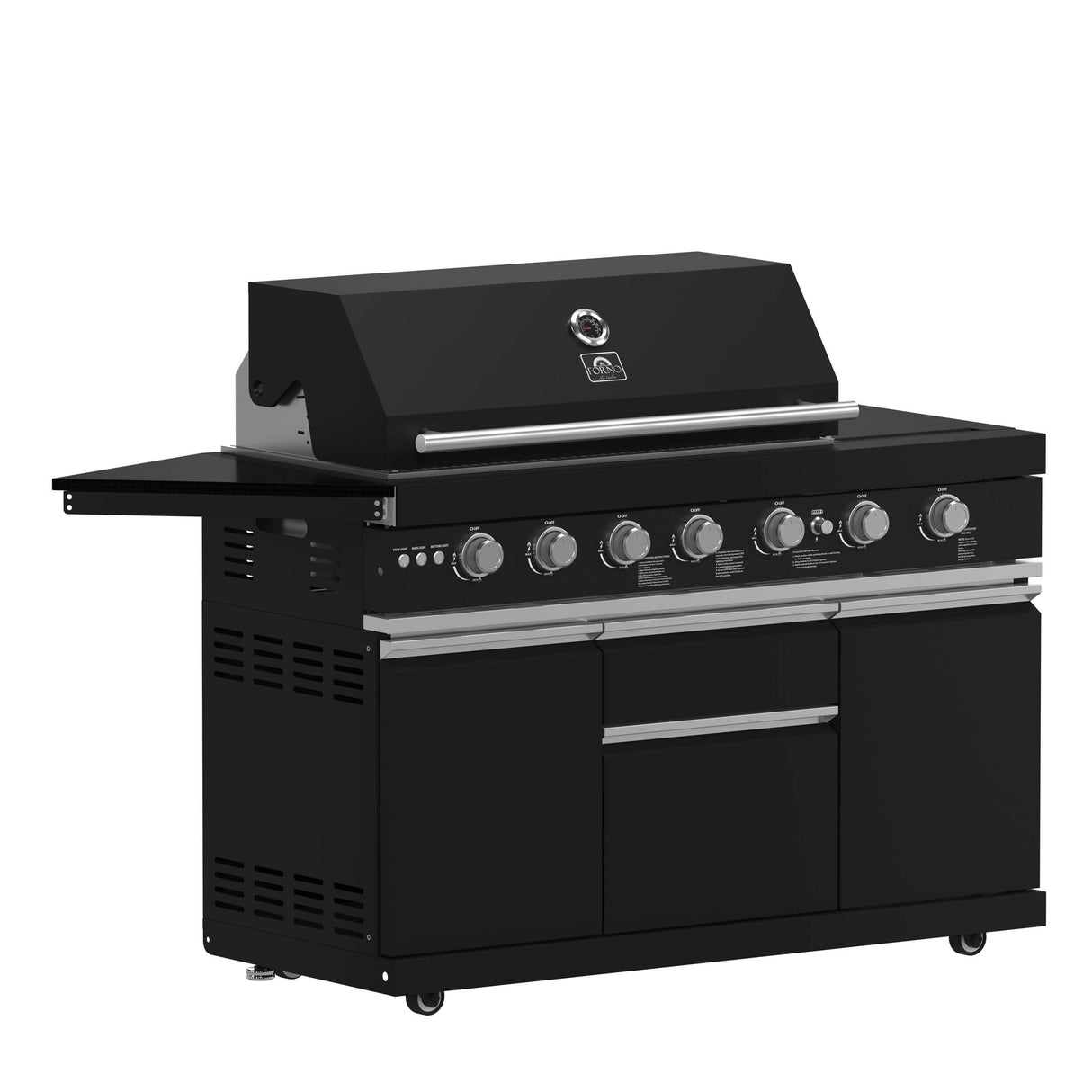 FORNO All’Aperto 87,600 BTU BBQ with 4 Stainless-Steel Burners with Infrared Burners & Side Burner, Sink Module with Black Sintered Stone Countertops, Gaz Pizza Oven, Bar & Beverage Center