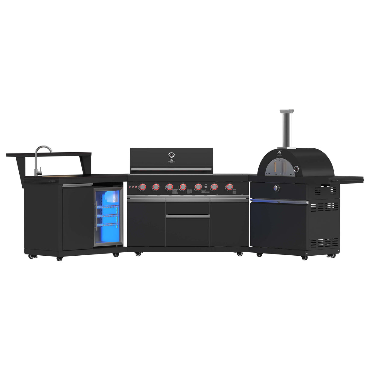 FORNO All’Aperto 87,600 BTU BBQ with 4 Stainless-Steel Burners with Infrared Burners & Side Burner, Sink Module with Black Sintered Stone Countertops, Gaz Pizza Oven, Bar & Beverage Center