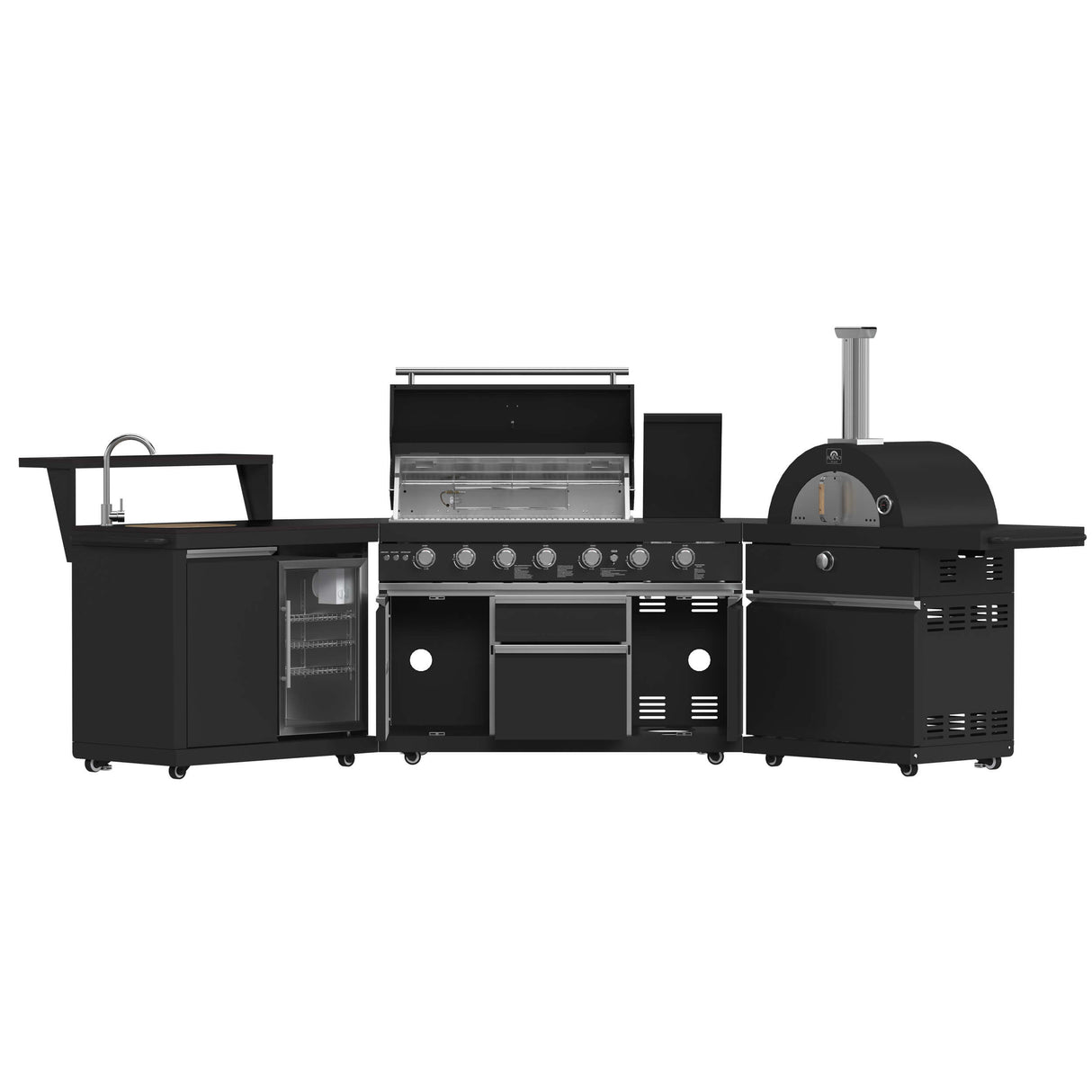 FORNO All’Aperto 87,600 BTU BBQ with 4 Stainless-Steel Burners with Infrared Burners & Side Burner, Sink Module with Black Sintered Stone Countertops, Gaz Pizza Oven, Bar & Beverage Center