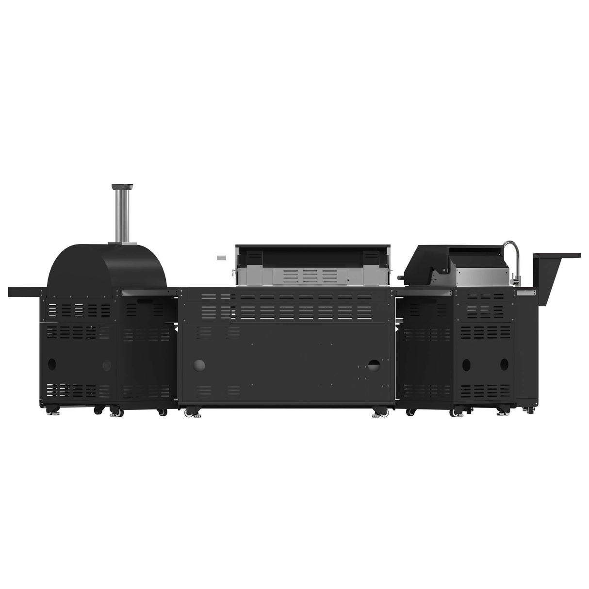 FORNO All'Aperto 99,600 BTU BBQ with 5 Stainless-Steel Burners with Infrared Burners & Side Burner, Sink Module with Black Sintered Stone Countertops, Plancha, Gas Pizza Oven, Bar & Beverage Center
