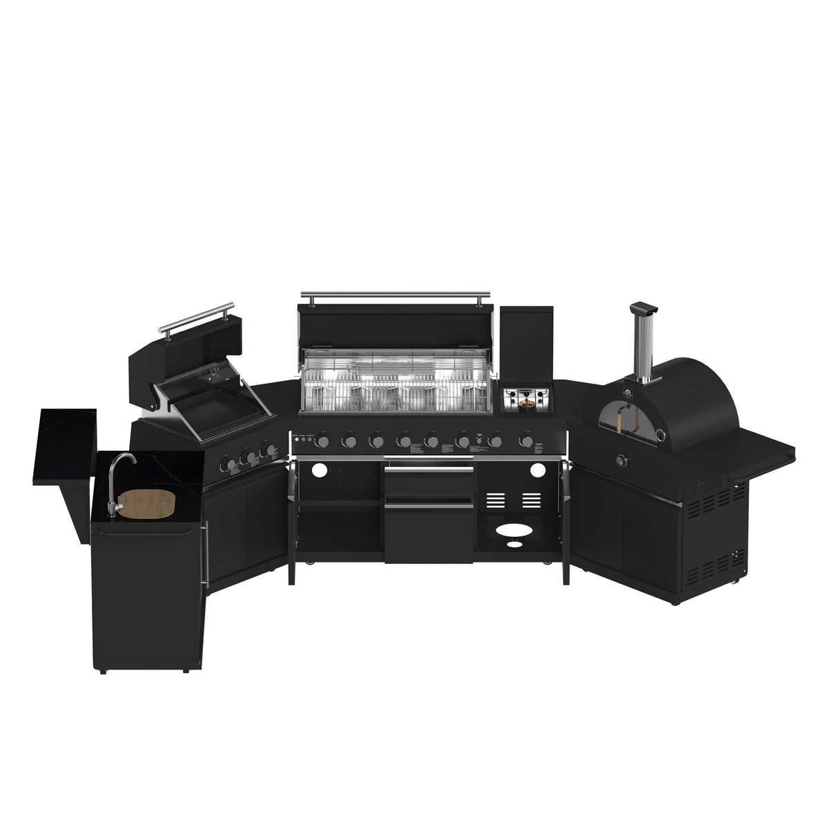 FORNO All'Aperto 99,600 BTU BBQ with 5 Stainless-Steel Burners with Infrared Burners & Side Burner, Sink Module with Black Sintered Stone Countertops, Plancha, Gas Pizza Oven, Bar & Beverage Center