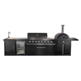 FORNO All’Aperto 87,600 BTU BBQ with 4 Stainless-Steel Burners with Infrared Burners & Side Burner, Sink Module with Black Sintered Stone Countertops, Gaz Pizza Oven, Bar & Beverage Center