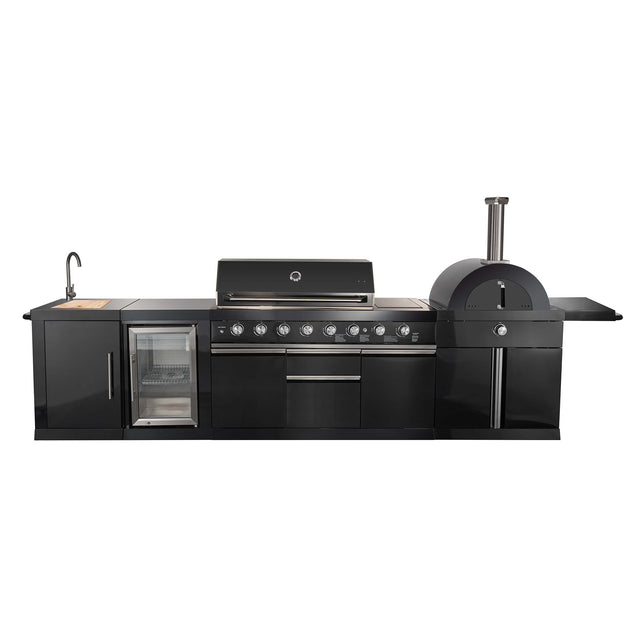 FORNO All’Aperto 87,600 BTU BBQ with 4 Stainless-Steel Burners with Infrared Burners & Side Burner, Sink Module with Black Sintered Stone Countertops, Gaz Pizza Oven, Bar & Beverage Center