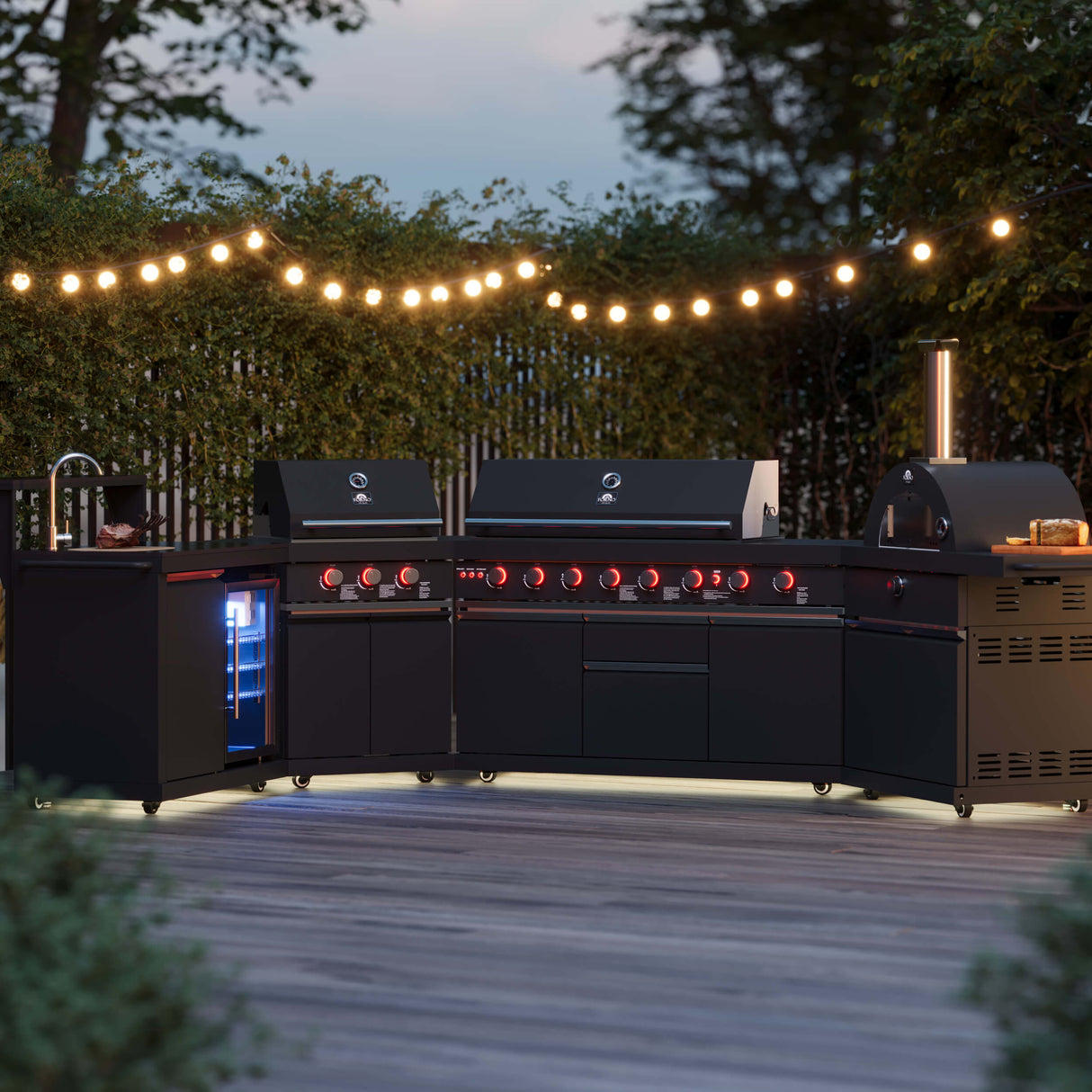 FORNO All'Aperto 99,600 BTU BBQ with 5 Stainless-Steel Burners with Infrared Burners & Side Burner, Sink Module with Black Sintered Stone Countertops, Plancha, Gas Pizza Oven, Bar & Beverage Center