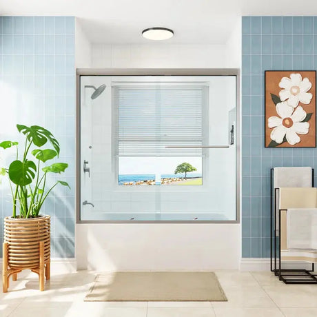 HOROW Bathroom Sliding Glass Door 59 Inch Brushed Nickel Frameless Shower Door Model BE5956-BN