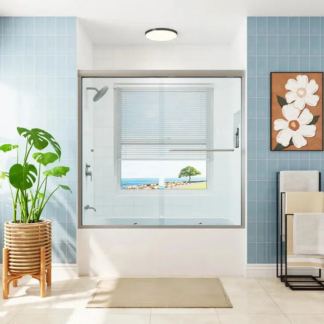 HOROW Bathroom Sliding Glass Door 59 Inch Brushed Nickel Frameless Shower Door Model BE5956-BN