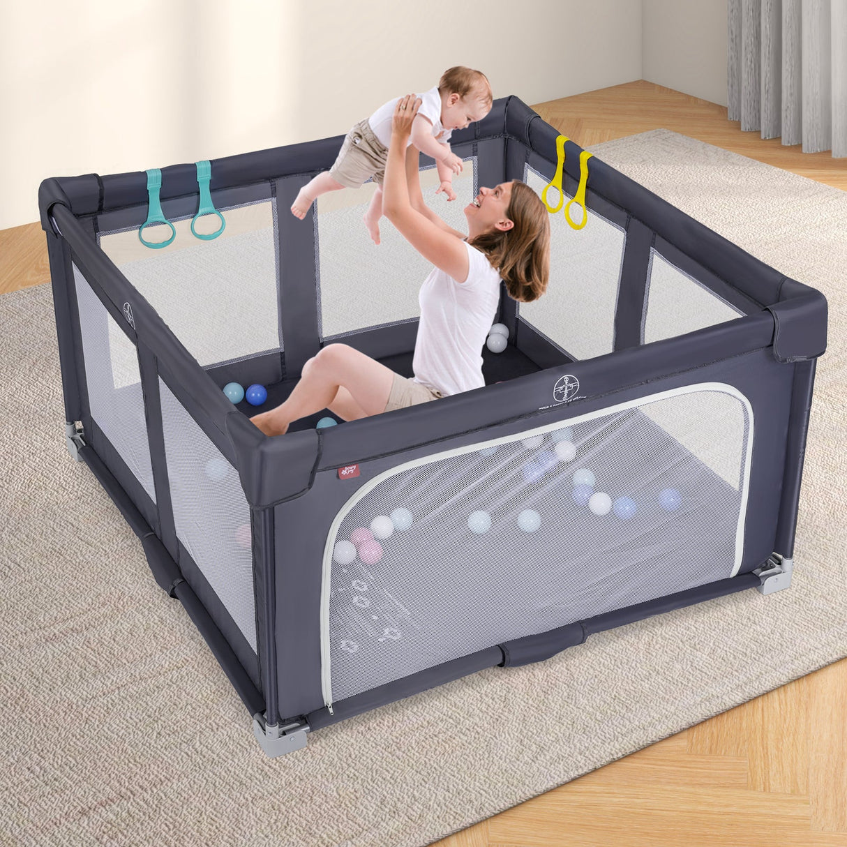 Large Baby Playpen BPA-Free Foldable Toddlers Safety Fence Play Yard-Dark Grey