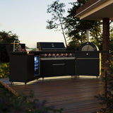 FORNO All’Aperto 87,600 BTU BBQ with 4 Stainless-Steel Burners with Infrared Burners & Side Burner, Sink Module with Black Sintered Stone Countertops, Gaz Pizza Oven, Bar & Beverage Center