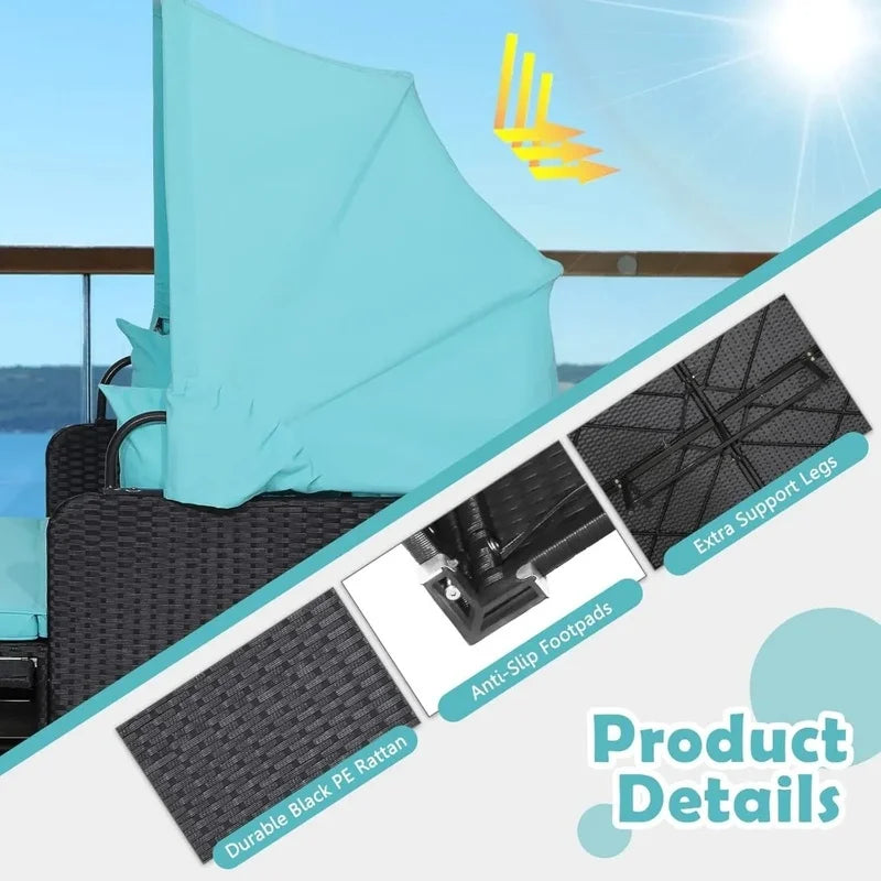 Retractable Canopy Rattan Daybed with Cushions